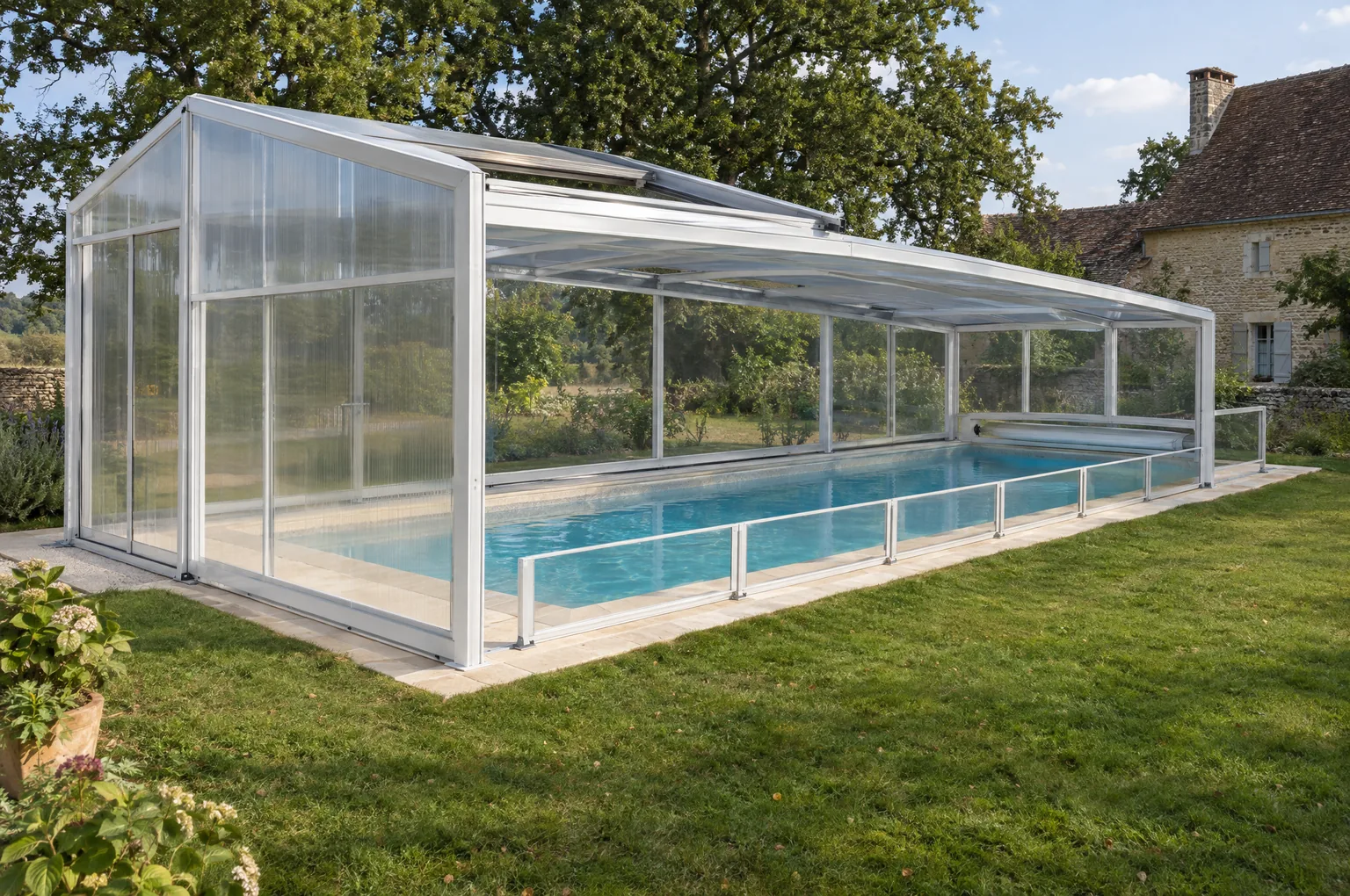 Abri de piscine Atrium : modèles Plein Ciel, situation de l'entreprise et norme NF P90-309