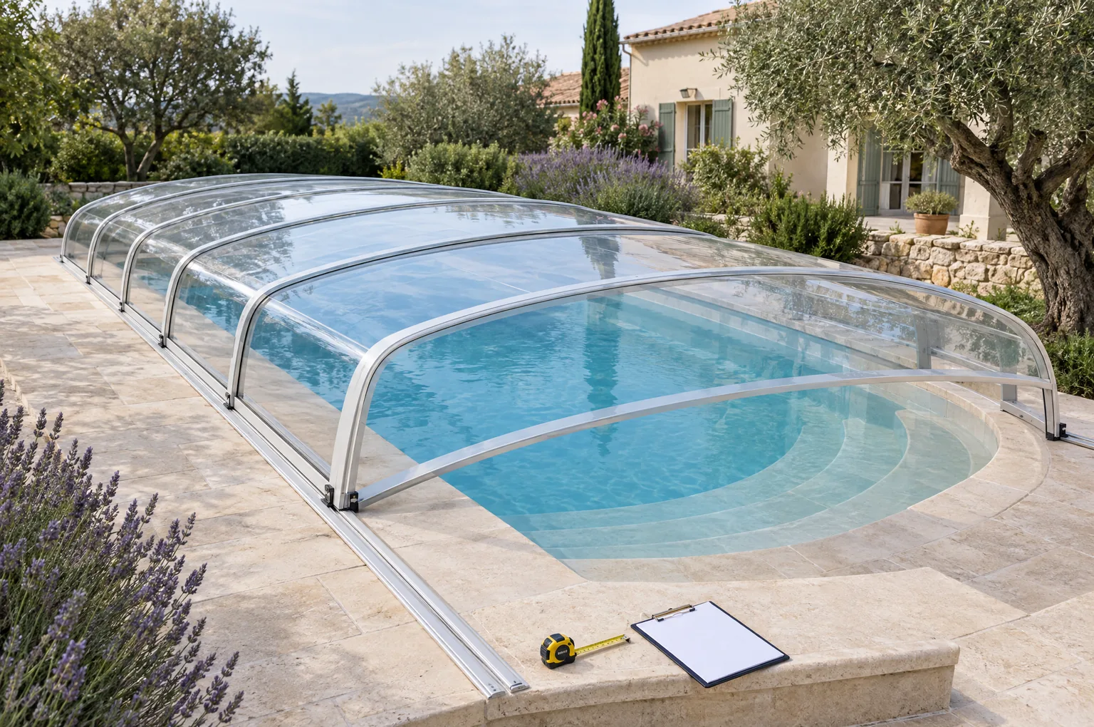 Abri de piscine sur mesure : formes de bassin, relevé, prix et délais en 2026