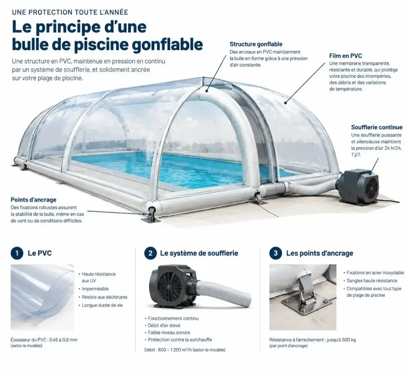 Schéma technique des composants d'un abri de piscine gonflable