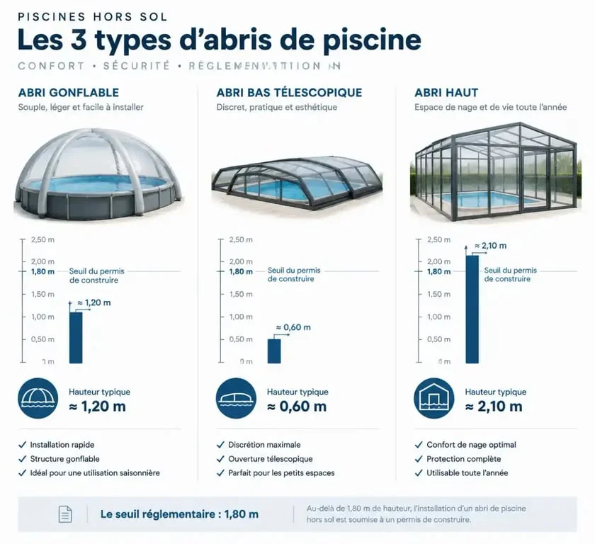 Infographie des types d'abris de piscine hors sol et seuils réglementaires