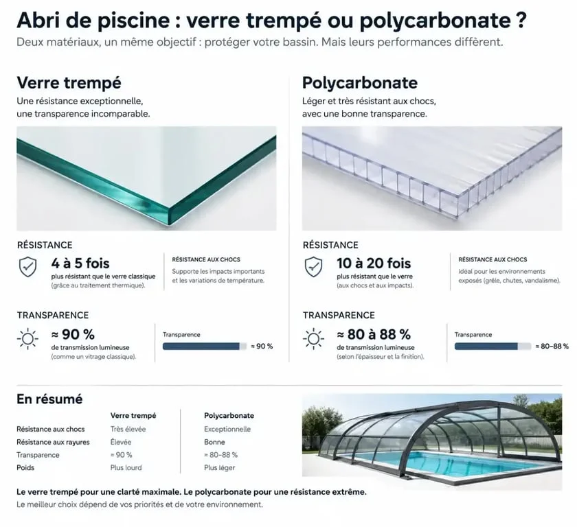 Comparatif verre trempé vs polycarbonate pour abri de piscine Vénus