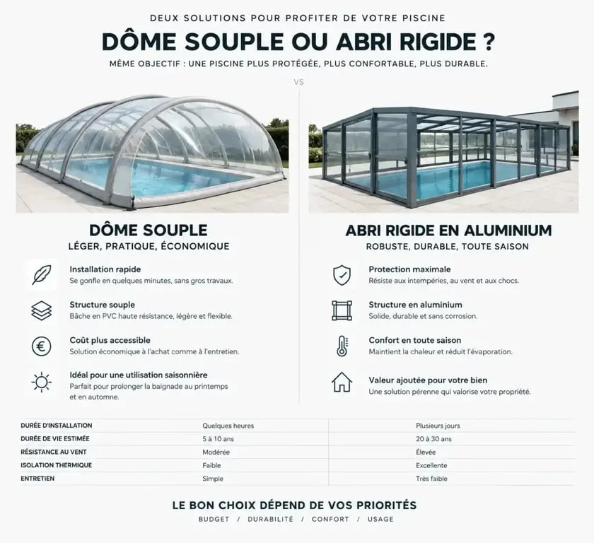 Comparaison entre un abri de piscine ronde souple et un abri rigide