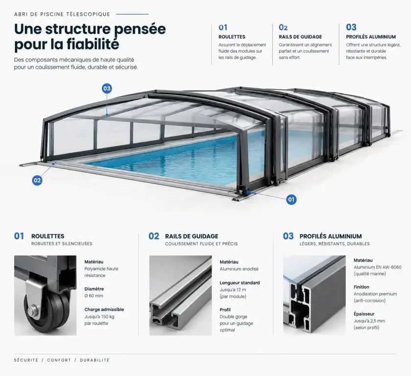 Schéma technique des composants mécaniques pour la réparation d'un abri de piscine par DG Distribution