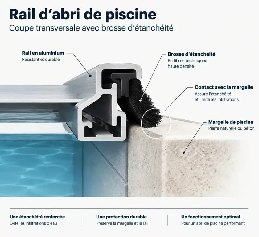 Schéma technique d'une brosse pour abri de piscine assurant l'étanchéité sur une margelle