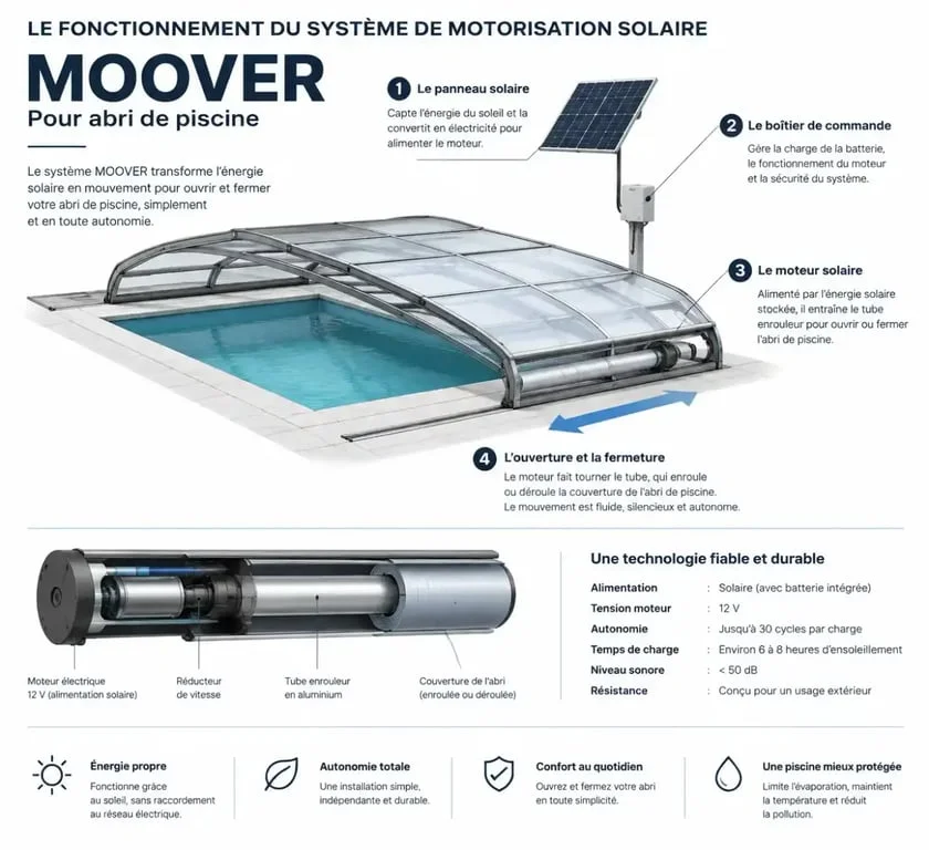 Schéma de fonctionnement du système motorisé solaire MOOVER pour abri de piscine Albixon